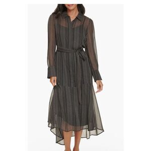 Calvin Klein Herringbone long sleeve sheer midi dress tie waist 6